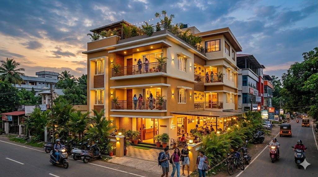 Hostel Kakkanad with rooftop garden and warm evening lights.