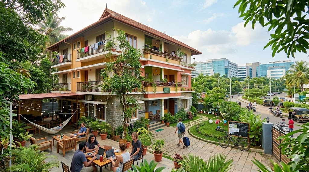 Hostel near Infopark with peaceful stay, green campus, and shared outdoor workspace.