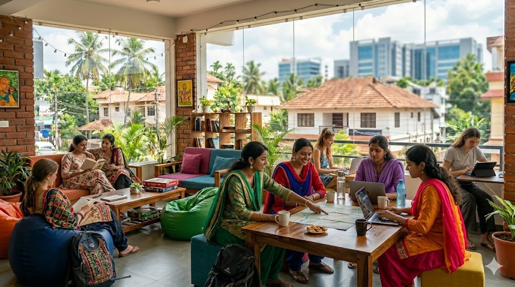 Students relaxing and studying at modern hostels in Kakkanad.