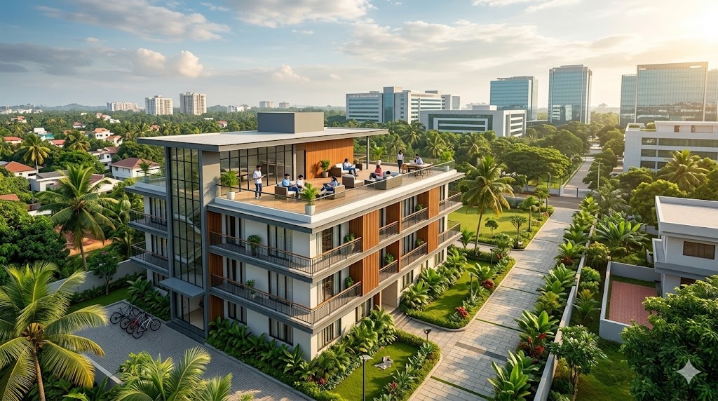 Modern accommodation building with rooftop lounge and greenery, ideal for hostels near Infopark Phase 2.