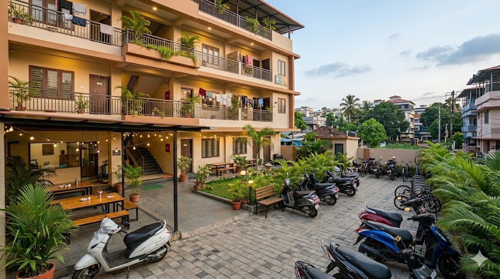 Modern building and parking area at Kakkanad hostels with comfortable student accommodation.